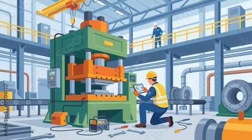 Isometric Factory Technician Inspecting Industrial Hydraulic Press Machine in Modern Manufacturing Plant, Engineer Using Tablet for Equipment Maintenance and Quality Control