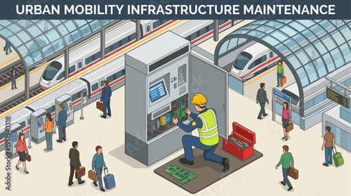 Isometric Technician Repairing Train Station Ticket Machine - Railway Maintenance Worker in Safety Vest at Modern Urban Transit Hub with Passengers and High-Speed Rail