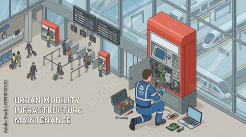 Isometric Technician Repairing Ticket Machine at Modern Train Station Urban Transit Maintenance Digital Illustration