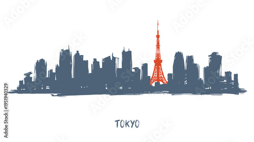 Stylized silhouette of the Tokyo skyline featuring the iconic red Tokyo Tower against a white background.
