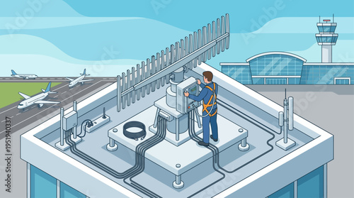Isometric Aviation Technician Maintaining Airport Radar System - Technical Maintenance Worker on Control Tower with Air Traffic Control Background