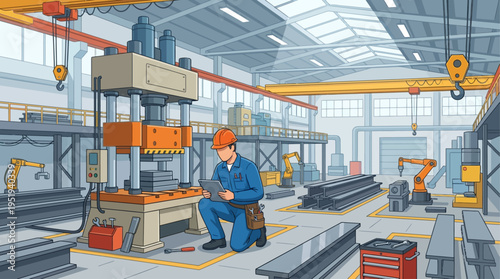 Isometric Factory Worker Inspecting Industrial Machinery with Tablet in Modern Manufacturing Plant, Engineer in Hard Hat Using Digital Technology for Equipment Maintenance