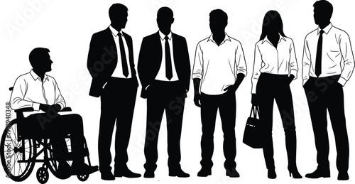 Business professionals standing together with wheelchair user, workplace diversity, inclusion, accessibility, modern vector artwork, creative design illustration