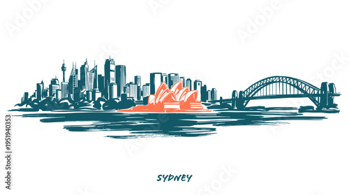 Stylized illustration of the Sydney skyline with the iconic Opera House and Harbour Bridge, showcasing the city's famous landmarks.