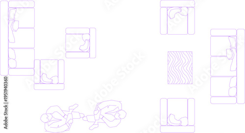 Technical interior design plan view showing furniture layouts with sectional sofas, armchairs with seated human figures and decorative rug in 2D line art.