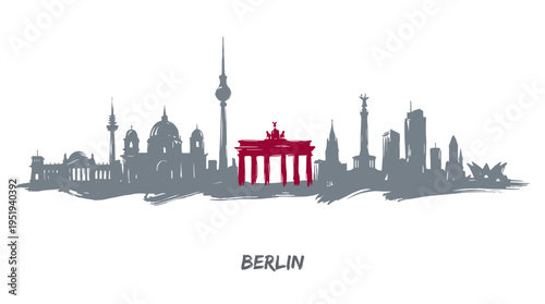 Stylized silhouette of the Berlin skyline featuring iconic landmarks like the Brandenburg Gate highlighted in red, with the city name below.