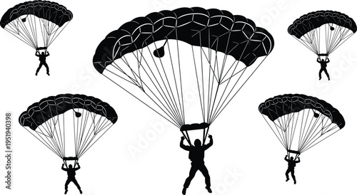Black silhouette vector illustration, parachutists descending, skydiving scene, open parachutes, airborne operation, recreational sport, military training, adventure concept, human figures