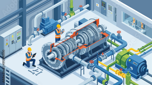 Isometric Industrial Technician Inspecting Turbine Engine in Modern Power Plant, Factory Maintenance Worker with Safety Equipment, Engineering Vector Illustration
