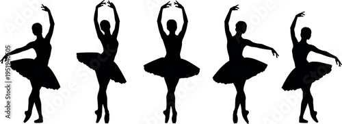 Silhouettes of ballerinas in graceful dance poses, showcasing elegance, balance, movement, artistry, arranged horizontally against white background