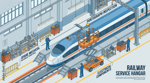 Isometric Railway Maintenance Technicians Inspecting High-Speed Train in Modern Service Hangar, Industrial Engineering Team Working on Pantograph Inspection