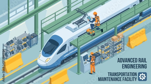Isometric Railway Technician Inspecting High-Speed Train at Modern Maintenance Depot, Transportation Engineering Infrastructure, Industrial Safety Workers