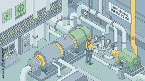 Isometric Geothermal Energy Plant Technician Monitoring Industrial Pipes and Pressure Gauges in Clean Modern Facility