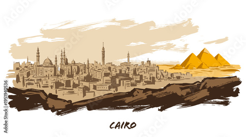 Stylized sketch illustration of the Cairo cityscape with ancient pyramids in the desert, showcasing the historical and architectural grandeur of Egypt.
