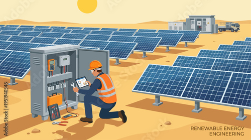 Solar Technician Engineer Inspecting Renewable Energy Panel Array at Desert Power Station, Isometric Vector Illustration of Sustainable Electricity Maintenance