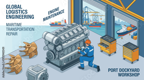 Isometric Marine Engineer Repairing Ship Engine in Port Dockyard Workshop, Industrial Maintenance Technician Working on Maritime Propulsion System, Global Logistics Engineering Vector Illustration