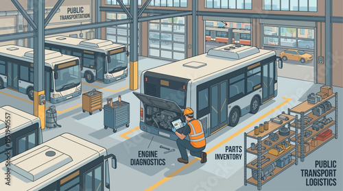 Isometric Bus Mechanic Performing Engine Diagnostics in Public Transportation Maintenance Depot with Digital Tablet and Tools