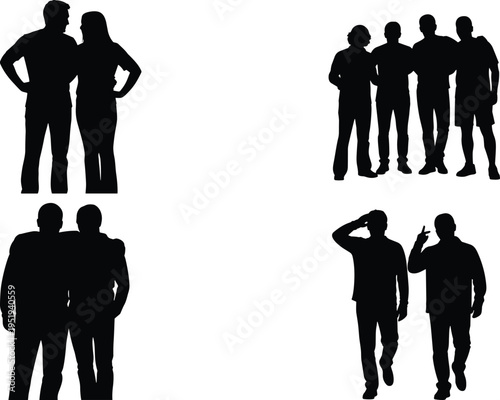 People silhouettes, friendship gestures, casual interaction, group bonding, social connection, walking together, peace sign, companionship, vector illustration