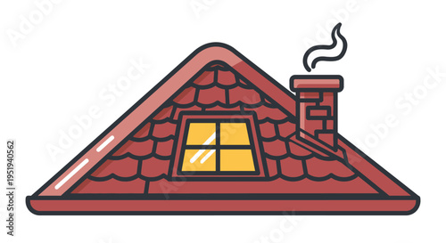 Quaint traditional house roof with glowing dormer window and chimney emitting smoke
