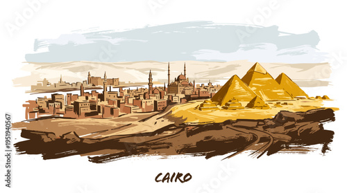 A stylized illustration of the Cairo skyline with ancient pyramids and modern city buildings under a clear sky.