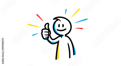 Cheerful stick figure character giving a confident thumbs up gesture with vibrant success rays