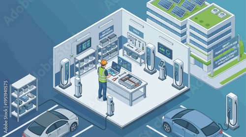 Isometric Electric Vehicle Technician at Smart Charging Station with Solar Powered Green Building, Sustainable Energy Infrastructure Maintenance