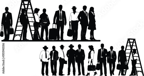 Business silhouettes standing in line near ladders, career progression concept, professional growth, ambition, competition, opportunity vector illustration for design and animation
