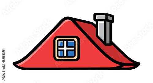 Stylized icon of a vibrant red house roof with a dormer window and chimney