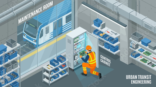 Isometric Technician Repairing Control Cabinet in Urban Transit Maintenance Room, Railway Engineer at Work, Public Transportation Infrastructure Service