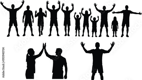 Black silhouette vector illustration, people celebrating, unity poses, family group, children and adults, high five, raised arms, teamwork, interaction