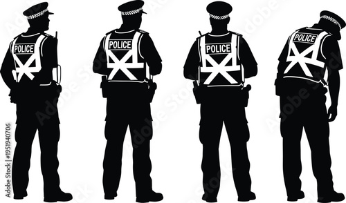 Black silhouette vector illustration, police officers standing, uniform vests, word police visible, hats, law enforcement, security, authority, teamwork