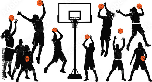 Silhouettes of basketball players in action poses with hoop and ball, dynamic sports vector illustration for fitness and teamwork design