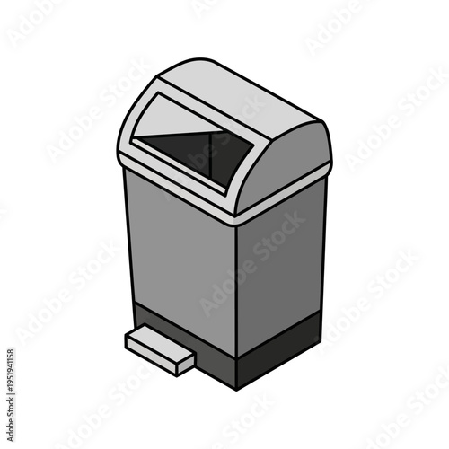 Isometric view of a gray trash can with a foot pedal and a curved lid.