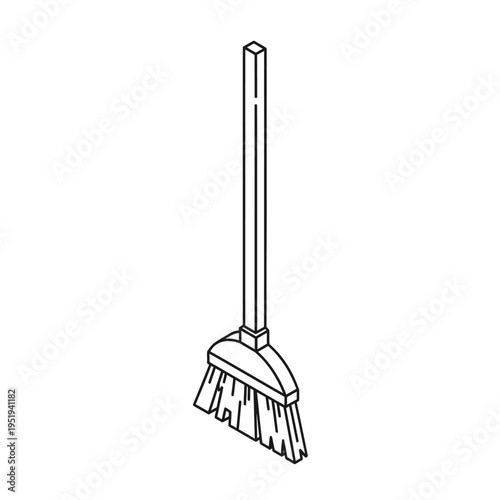 Line drawing of a broom with a long handle, used for sweeping floors and surfaces.