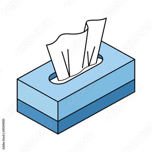 A blue rectangular tissue box with a few white tissues coming out of the top.