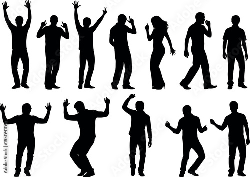  Black silhouette vector illustration of diverse people dancing in expressive poses, movement, rhythm, performance, celebration, and artistic concept