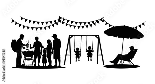 A family enjoys a summer barbecue and playtime in a park depicted as a striking black silhouette high quality professional detailed