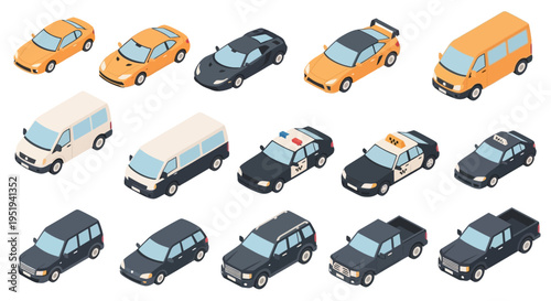 An isometric illustration depicting a collection of diverse vehicles including cars vans and trucks in a stylized silhouette high quality professional