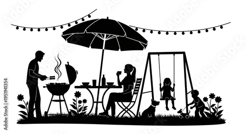 A family enjoys a summer barbecue with a playful scene featuring a swing set and pet silhouette high quality professional detailed
