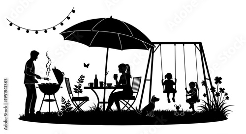 A family enjoys a summer barbecue and playtime in the garden depicted in striking black silhouette high quality professional detailed modern