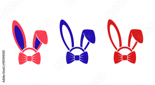 Three colorful rabbit headbands with bow ties are displayed against a white background a striking silhouette high quality professional detailed modern