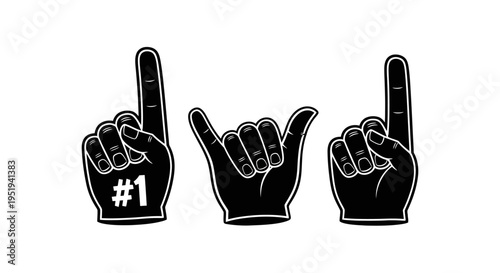 Three foam hands displaying different gestures including a number one rock on and pointing finger silhouette high quality professional detailed modern elegant