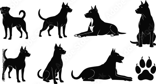 Dog silhouettes with paw print, canine poses illustration, standing sitting lying vector design, pet animal icons collection art