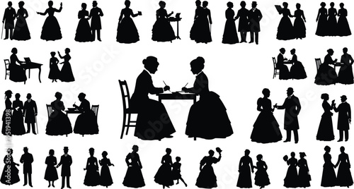 Black silhouette Victorian people, reading, writing, serving tea, walking, social interaction, domestic scene, historical attire, 19th century vector illustration