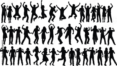 Silhouette people dancing, jumping, and celebrating together in joyful poses, expressive human figures showing happiness, unity, and energy