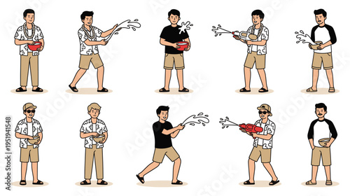 Thai songkran festival men characters splashing water with red bowls