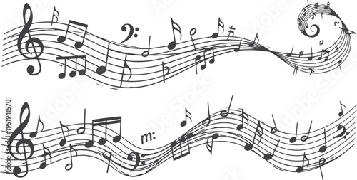 Musical Staff with Notes and Wavy Pentagram Seamless Pattern