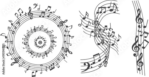 Musical Staff with Notes and Wavy Pentagram Seamless Pattern