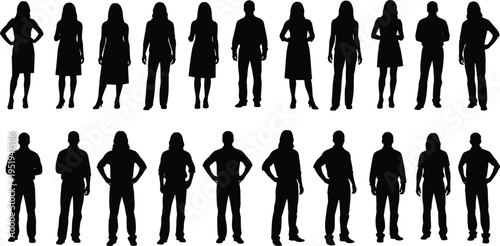 Human silhouettes collection of men and women standing in varied poses, posture diversity illustration symbolizing gender representation, social dynamics, body language
