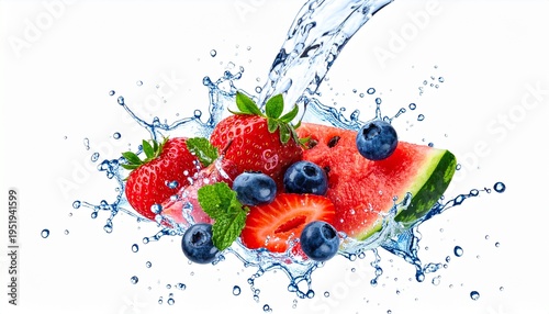 A refreshing splash of water over assorted fresh fruits