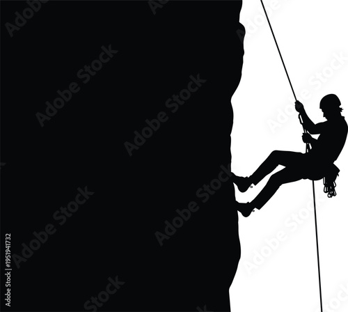 Rock climbing silhouette, climber rappelling with rope, adventure sport, extreme outdoor challenge, mountain cliff descent, harness safety vector illustration design